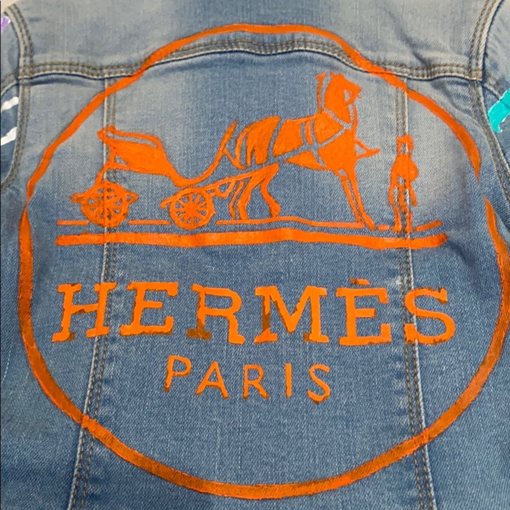 🎉HP🎉 Custom HERMÉS-themed denim jacket 2T - Picture 4 of 11